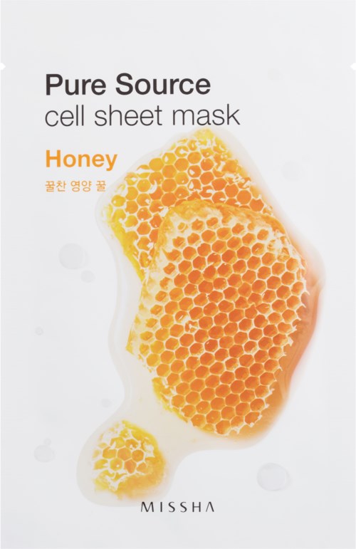 En sheetmask med honung, med bilder av honungsbiporrar och text som nämner 'Pure Source' och 'cell sheet mask'.