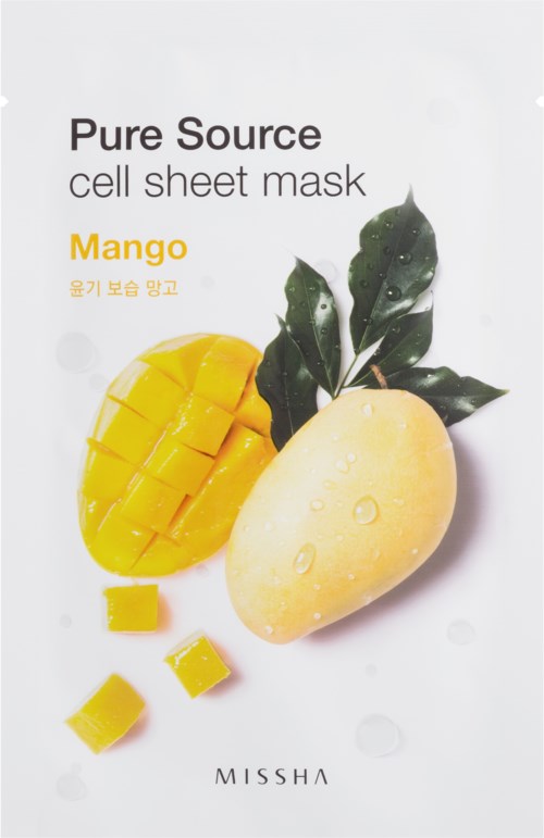 Förpackningen visar en mango, blad och text om ett ansiktsmaskprodukt från Missha.