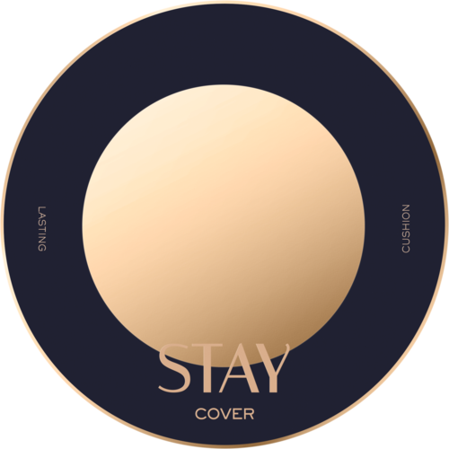 Een ronde make-up compacts met zwarte en beige kleuren, gemerkt "Stay Cover," met blush of poeder erbinnen.