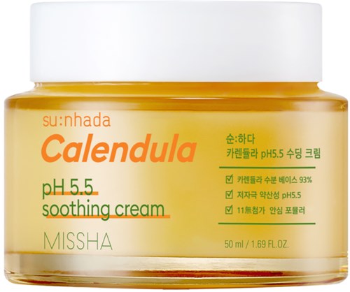 En burk med Missha Calendula lugnande kräm med grön och orange text som betonar pH 5.5 och lugnande ingredienser.