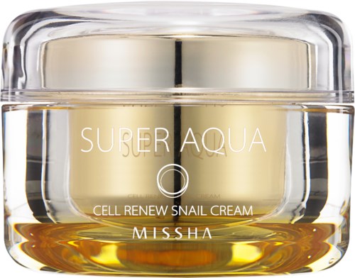 En burk med Missha Super Aqua Cell Renew Snail Cream med ett guldfärgat innehåll.