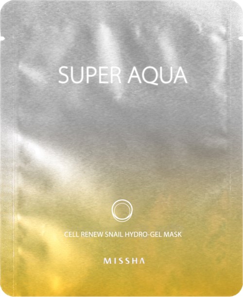 En förpackningsdesign för en hudvårdsprodukt som heter 'Super Aqua' av Missha, med molnliknande bakgrund och produktuppgifter.