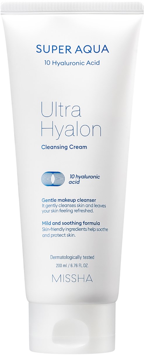 A white tube of skincare cream labeled Super Aqua Ultra Hyaluron, with 10 hyaluronic acid, gentle cleanser, and soothing formula.