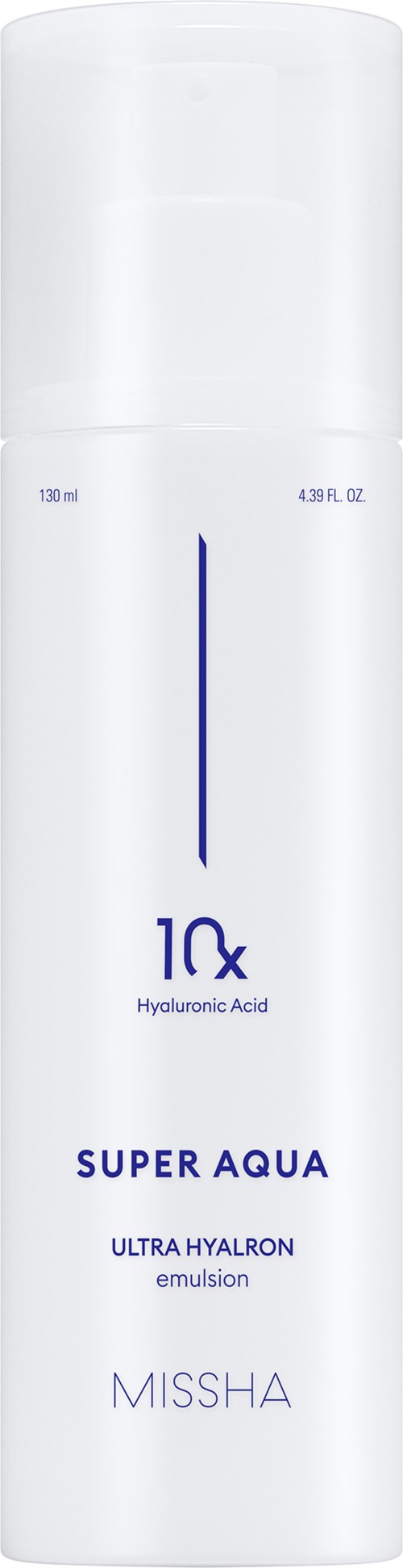 Eine weiße, zylindrische Flasche mit der Aufschrift 'Super Aqua Ultra Hyalron Emulsion' von Missha, enthält Hautpflegeprodukt mit 10-fach Hyaluronsäure.