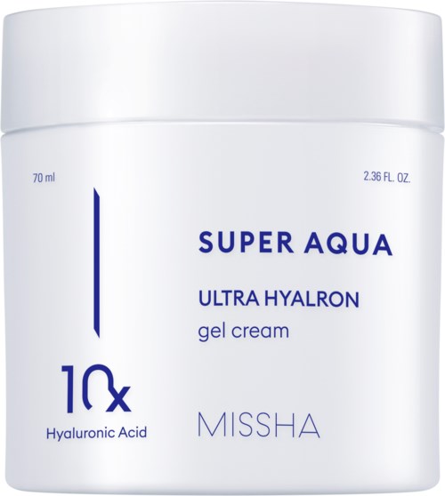 En vit burk med blå etikett, kallad Super Aqua Ultra Hyalron gel cream, innehåller 70 ml. Det är en hudvårdsprodukt.
