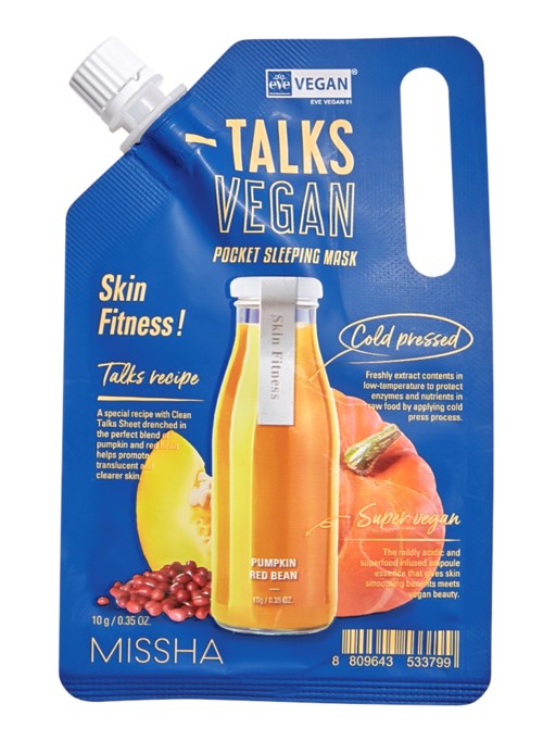 Blue packaging for a vegan sleeping mask, featuring pumpkin, red bean, and peach images, with text about skincare and cold processing.