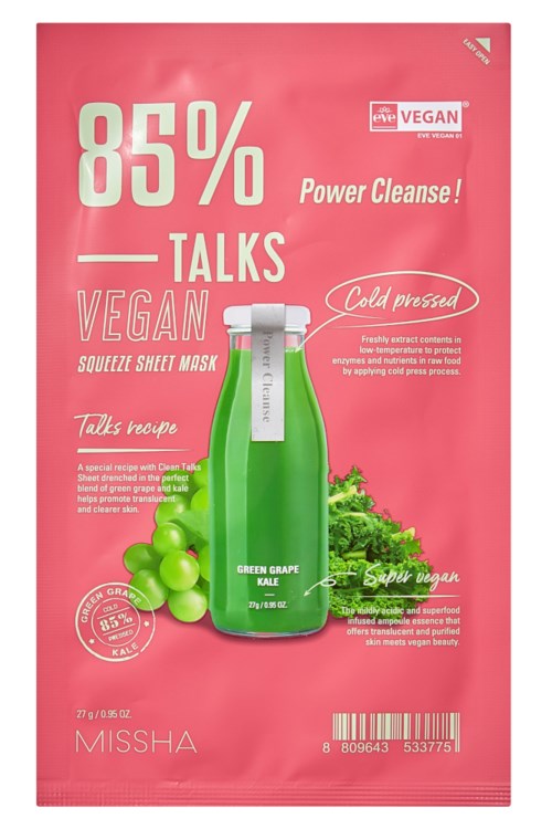 Förpackning i rosa för en vegansk Squeeze Sheet Mask med gröna druvor, grönkål och en grön dryckflaska, med text om produktens fördelar.