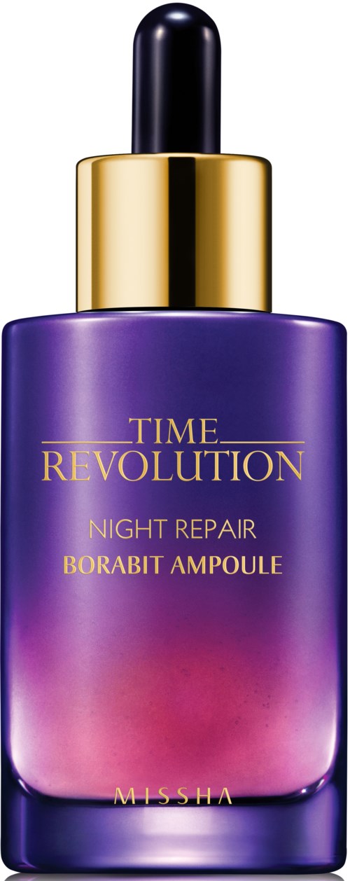 En serumflaske med gradientfarge fra lilla til rosa, med sort pipette og gullkrage, merket 'Time Revolution Night Repair Borabit Ampoule' og 'MISSHA.'