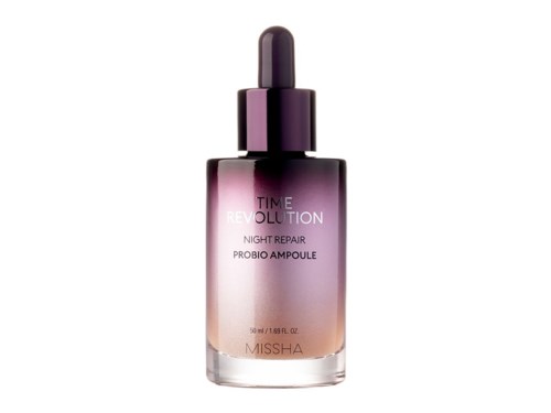 En lyserød og lilla flaske med pipette, mærket Missha Night Repair Probio Ampoule.
