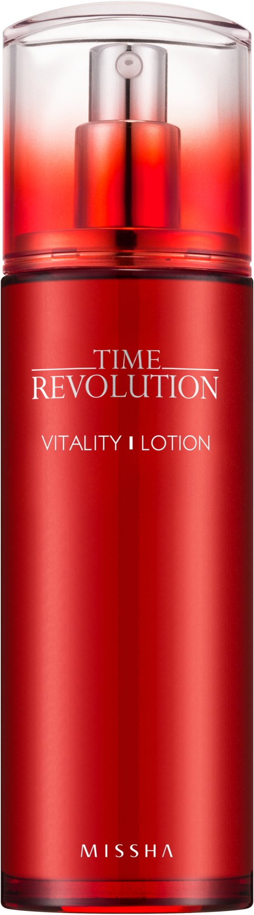 En röd flaska med tydlig lock, märkt 'Time Revolution Vitality I Lotion' av Missha.