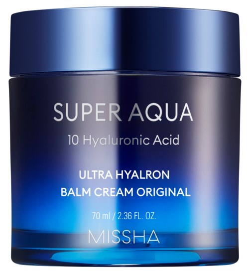 Sininen purkki Missha Super Aqua Ultra Hyalron Balmy Cream, 70 ml, hyaluronihapolla.