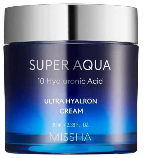 En blå burk med silverlock märkt 'Super Aqua' med hyaluronsyra för hudens återfuktning av Missha.