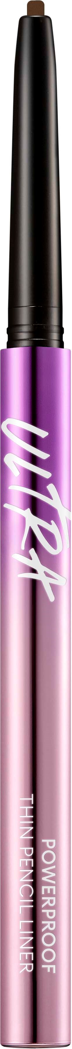 A pink and purple eyeliner pencil with a black cap and white writing on it.