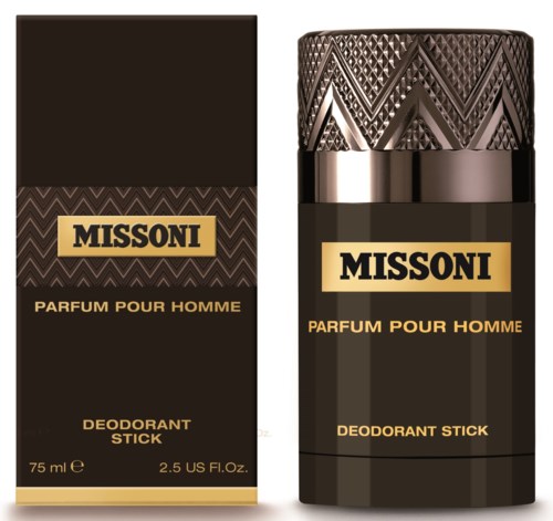 Sztyft dezodorantu i opakowanie z czarnego i złotego, z opisem Missoni Parfum Pour Homme.