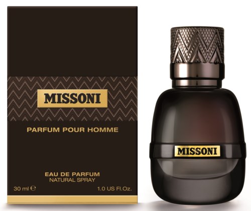 Czarna butelka perfum z ozdobnym kapselkom obok pasującego pudełka. Etykieta mówi „Missoni” dla mężczyzn.