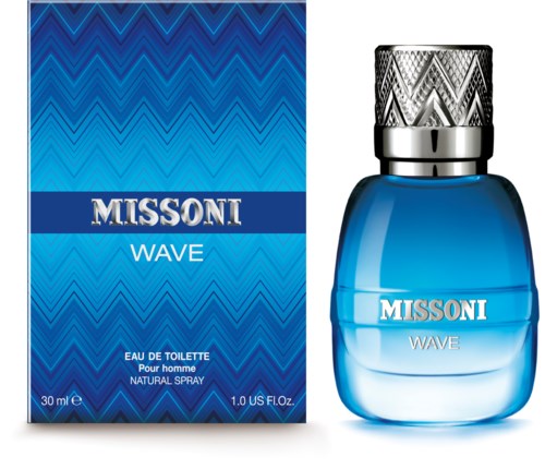 Blue perfume bottle with silver cap, and blue box with zigzag pattern, label says "Missoni Wave."