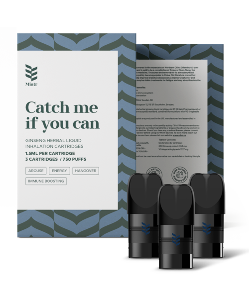 En eske og tre inhalator-kassetter med en etikett for et urtetilskudd kalt "Catch me if you can."