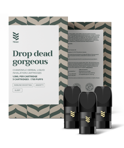 En eske merket "Drop dead gorgeous" med tre svarte inhalator-kapsler, som promoterer urterolje for søvn, angst og immunforsterkning.
