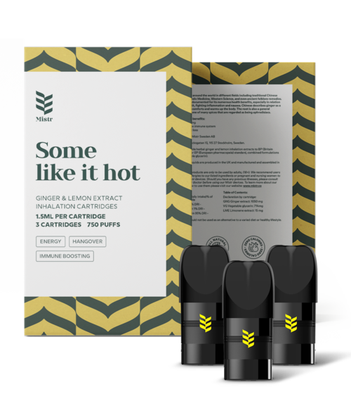 En eske med navnet 'Some like it hot' med tre svarte inhalasjonskapsler med gule mønstre og helsemessige fordeler.