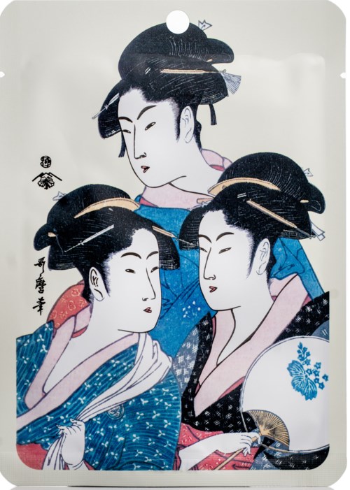 Ilustracja przedstawia trzy kobiety z tradycyjnymi japońskimi fryzurami i kimono. Są blisko siebie, mają spokojne, łagodne wyrazy twarzy.