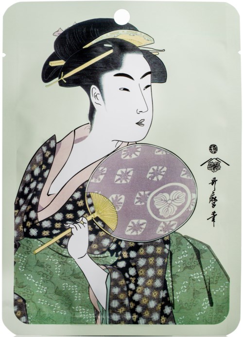 Tradycyjna japońska kobieta w kimono trzymająca wachlarz, z ułożonymi włosami i ozdobami.