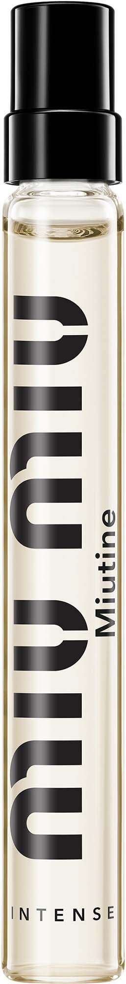 En klar glasparfume flaske med sort låg, viser mærket 'Anua Mutine Intense' mod en sort baggrund.