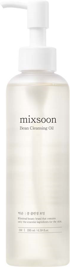En hvid flaske med pumpe mærket 'mixsoon Bean Cleansing Oil'.