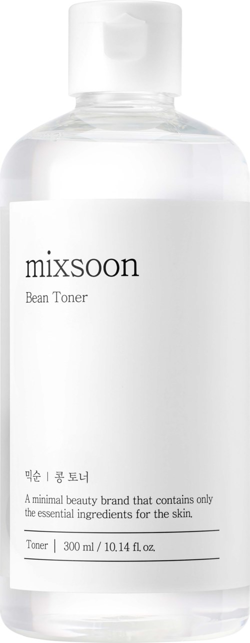 En klar plastflaske med hvid hætte, mærket Mixsoon Bean Toner, indeholder 300ml hudplejeprodukt.
