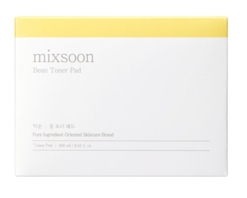 Mixsoon Bøn Toner Pad æske i hvid og gul, med produktdetaljer i lille tekst.