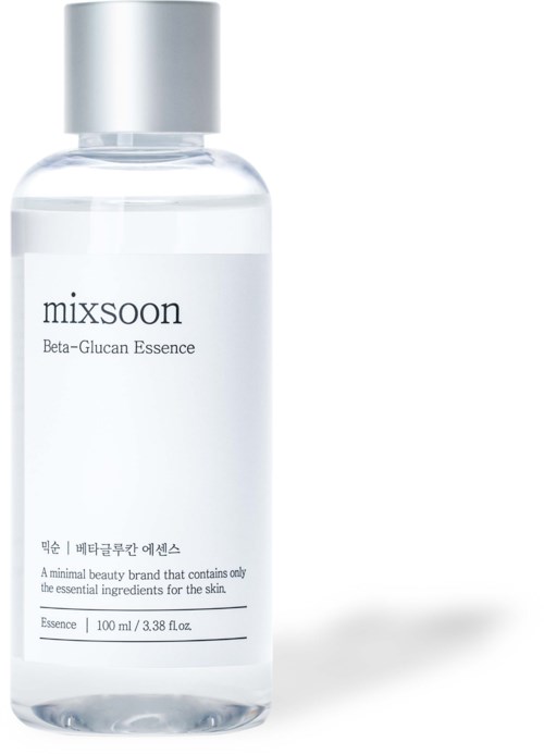Een heldere fles van Mixsoon Beta-Glucan Essence, met zilveren dop, met een minimalistisch label.