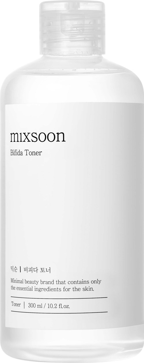 En vit flaska märkt Mixsoon Bifda Toner med ett klart lock, innehåller 300 ml ansiktstoner.