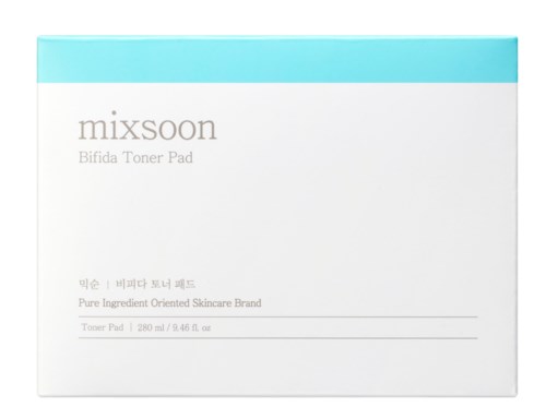 Verpackung von Mixsoon Bifida Toner Pad mit hellblauer Oberseite und Textdetails.