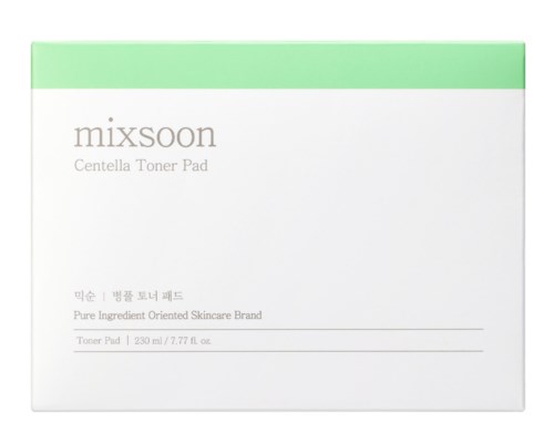 Box for Mixsoon Centella Toner Pads, mainly white with a green top stripe, contains product details and branding.