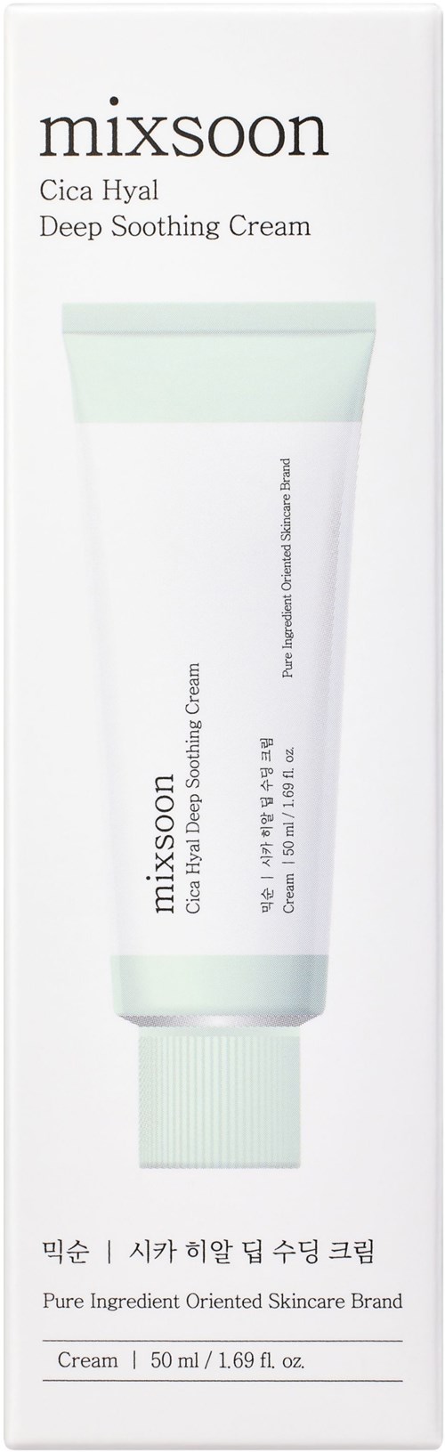 Valkoinen tuubi Mixsoon Cica Hyal Deep Soothing Cream, jossa vihreitä yksityiskohtia, näytetään pakkauksensa edessä.