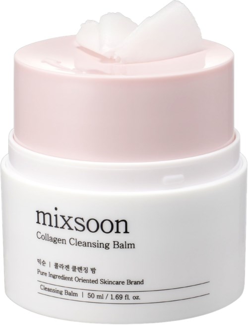 Valkoinen purkki, päällä vaaleanpunainen balmi, merkitty 'mixsoon Collagen Cleansing Balm, 50ml, ihonhoitotuote.'