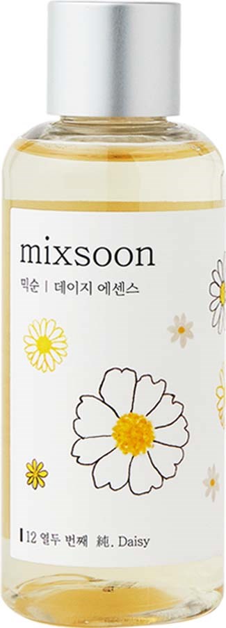 A clear bottle with a silver cap, containing a yellow liquid, labeled 'mixsoon' with flower illustrations.