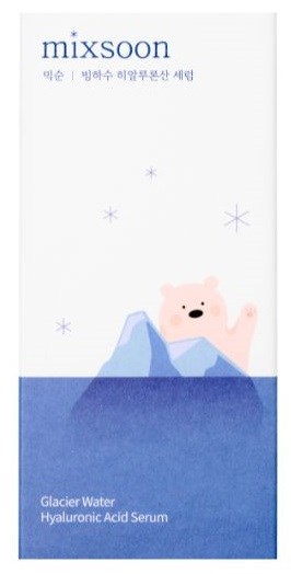 En sød bjørneillustration over et bjerg, med vand og stjerner, på et hudplejeprodukt etikett.