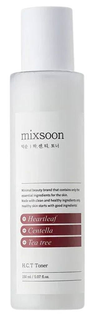 Een wit flesje gezichtsnevel van het merk 'mixsoon' met drie ingrediënten: Heartleaf, Centella, Tea tree.