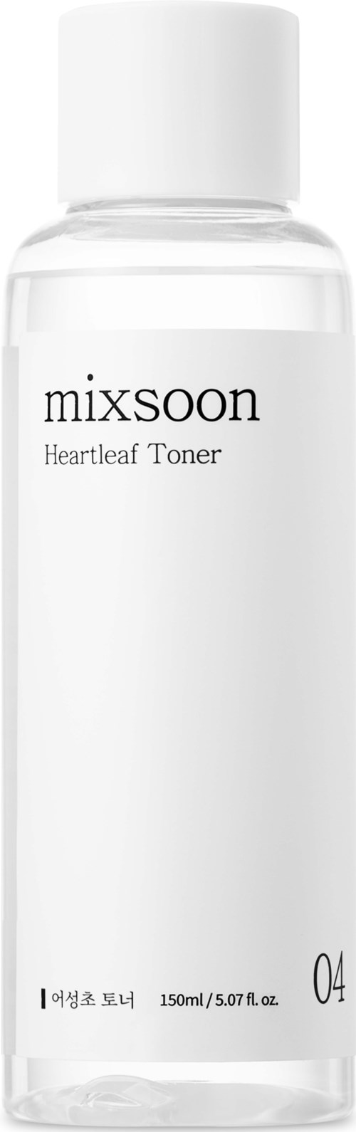 En klar cylinderformad flaska med vit lock, märkt 'mixsoon Heartleaf Toner', innehållande 150 ml av hudprodukt.