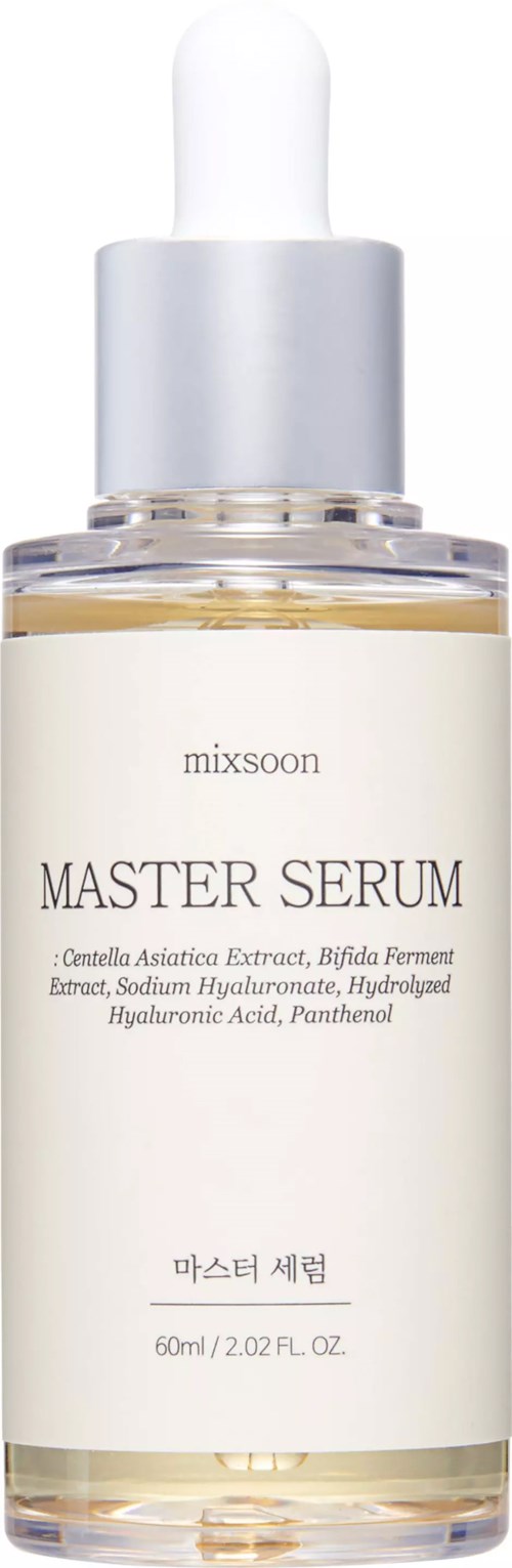 Läpinäkyvä lasipullo valkoisella tipparuukulla, etiketti sanoo Master Serum, ainesosat alla.