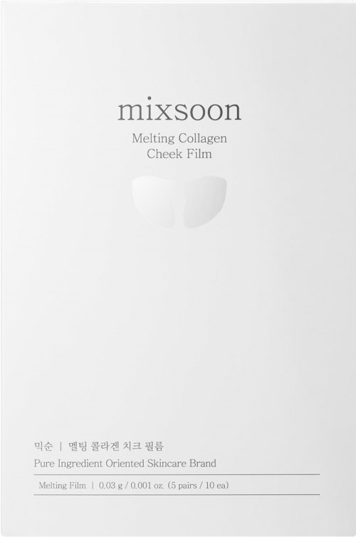 En hvit produktkasse merket 'mixsoon' med tekst om en smeltende kollagen kinnfilm. Enkel design med noe koreansk skriftspråk.
