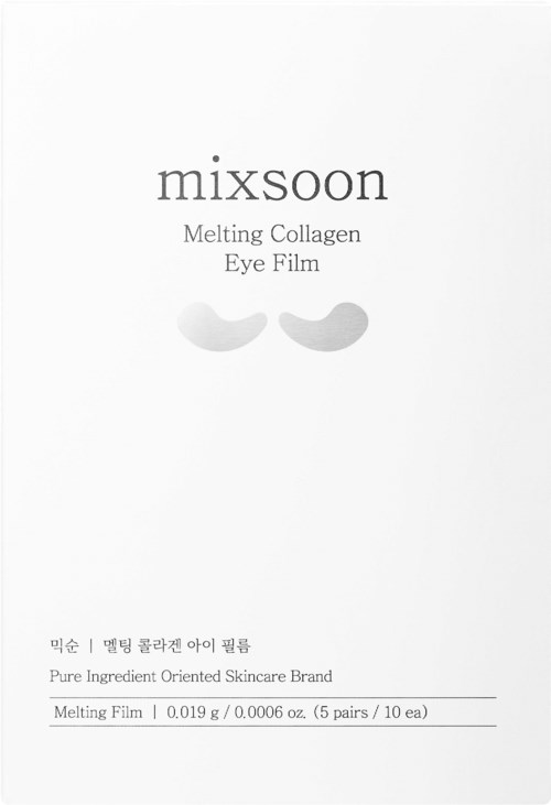 Enkelt hvitt emballasje med en logo, produktnavn, beskrivelse og små øyeillustrasjoner. Det er for en øyefilm for hudpleie.