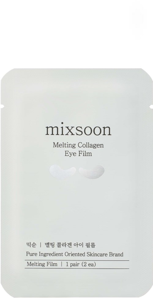 En hvit pakke av Mixsoon Melting Collagen Eye Film, med produktinformasjon i svart tekst.