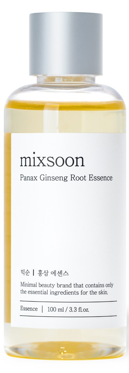 A clear bottle with a white label and silver cap, containing yellowish liquid, labeled 'mixsoon Panax Ginseng Root Essence.'
