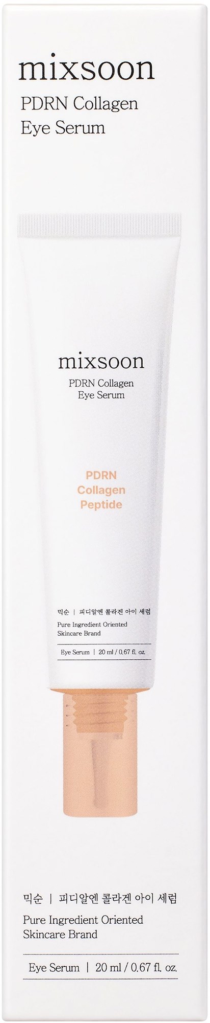 Eine weiße Tube Mixsoon PDRN Collagen Eye Serum, mit kleinem Text und pfirsichfarbenem Applikator.