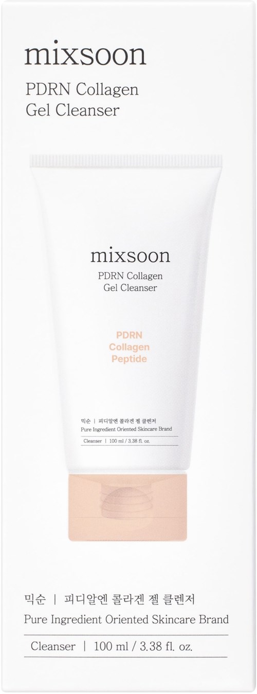Eine weiße Tube mit 'mixsoon' und 'PDRN Collagen Gel Cleanser' auf einer Schachtel. Es ist ein Hautpflegeprodukt.