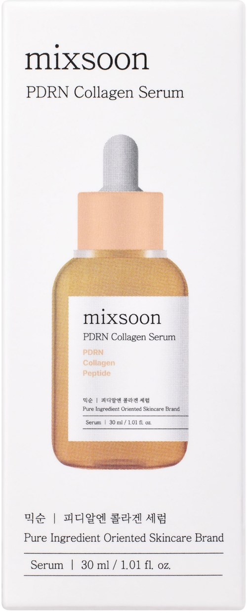 ihonhoitotuote tiputölkissä, jossa lukee 'Mixsoon PDRN Collagen Serum'. Tekstiä ja ainesosien sekä koon kuvaus.