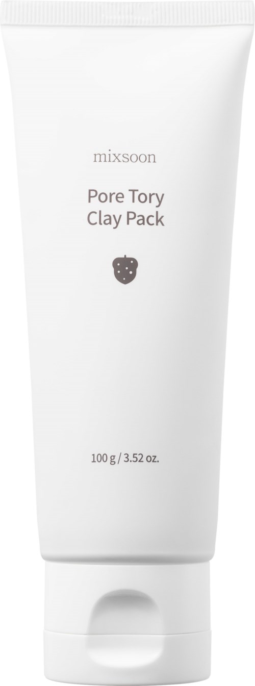 Eine weiße Tube mit der Aufschrift 'Mixsoon Pore Tory Clay Pack', kleines schwarzes Symbol, enthält Hautpflegeprodukt.