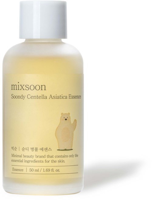 A small bottle of skincare product called Mixsoon with a bear illustration and text about beauty ingredients.