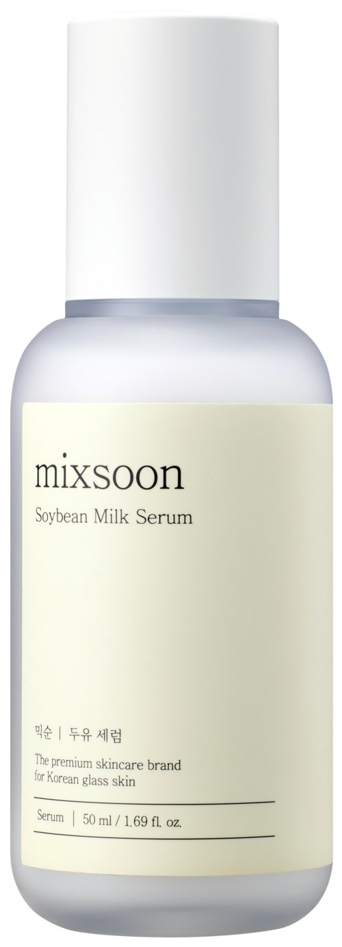 A white bottle with a label that says 'mixsoon Soybean Milk Serum'. The label also mentions it's for Korean glass skin.